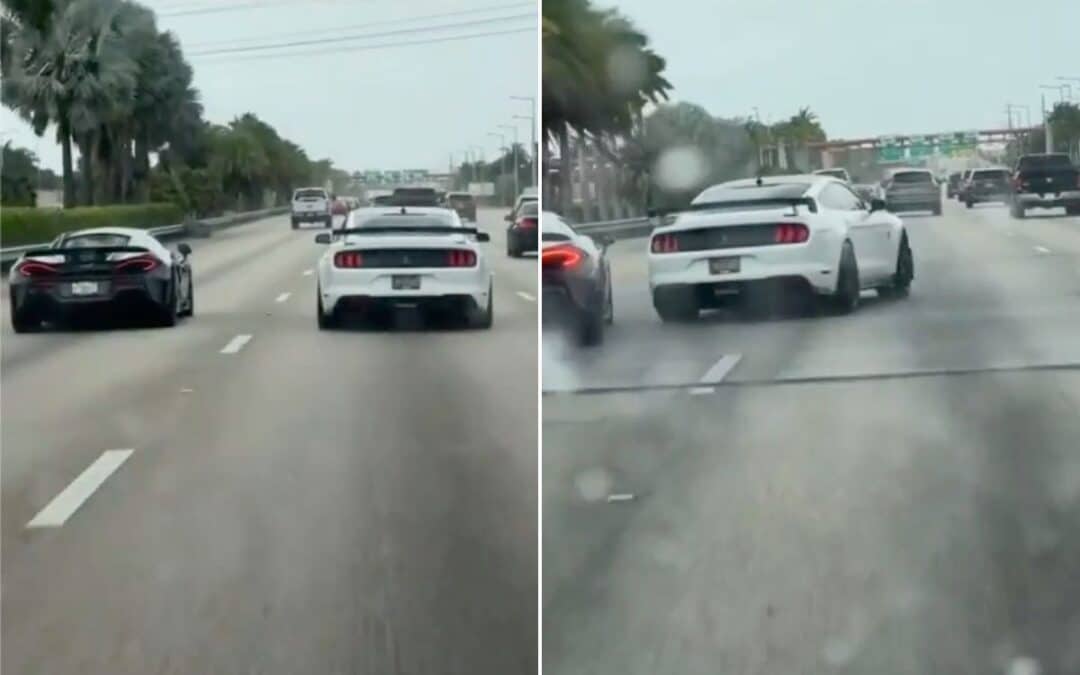 Crazy footage shows Mustang driver skillfully avoid hitting a McLaren as it fishtails on busy highway