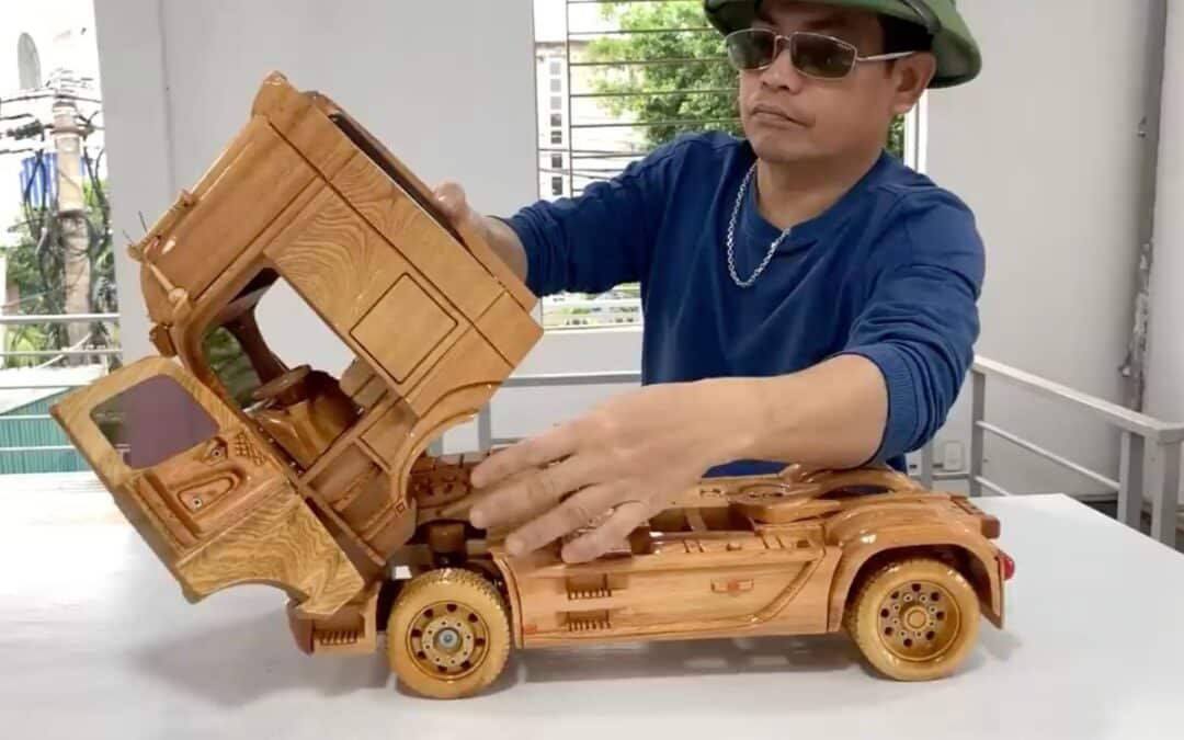 Mercedes Actros truck made out of wood has working suspension and intricate interior 